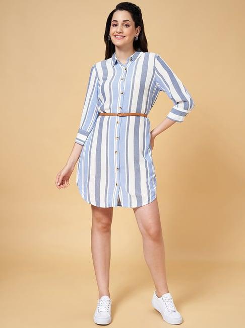 honey by pantaloons blue & white striped shirt dress
