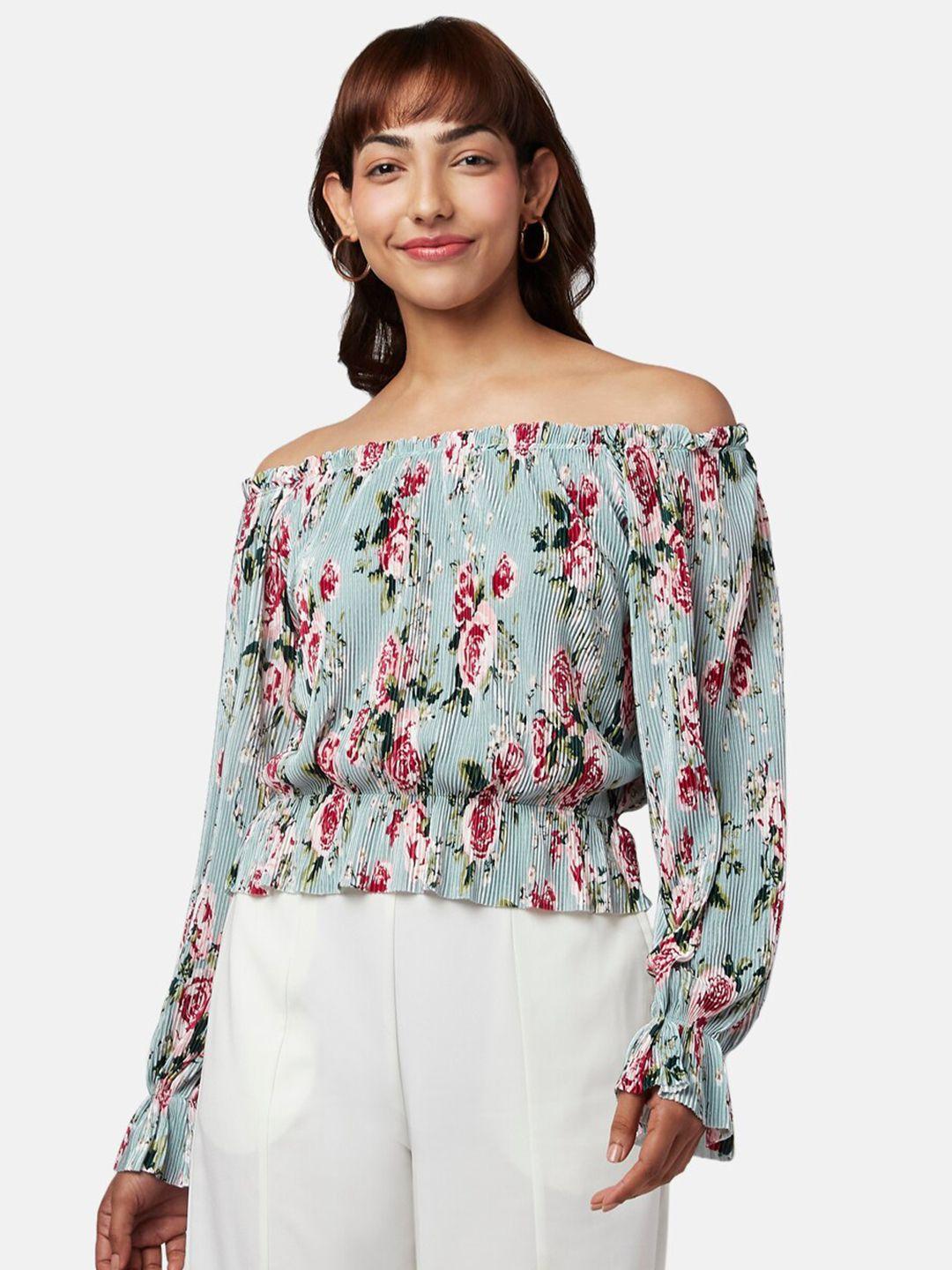 honey by pantaloons blue floral print off-shoulder bardot top