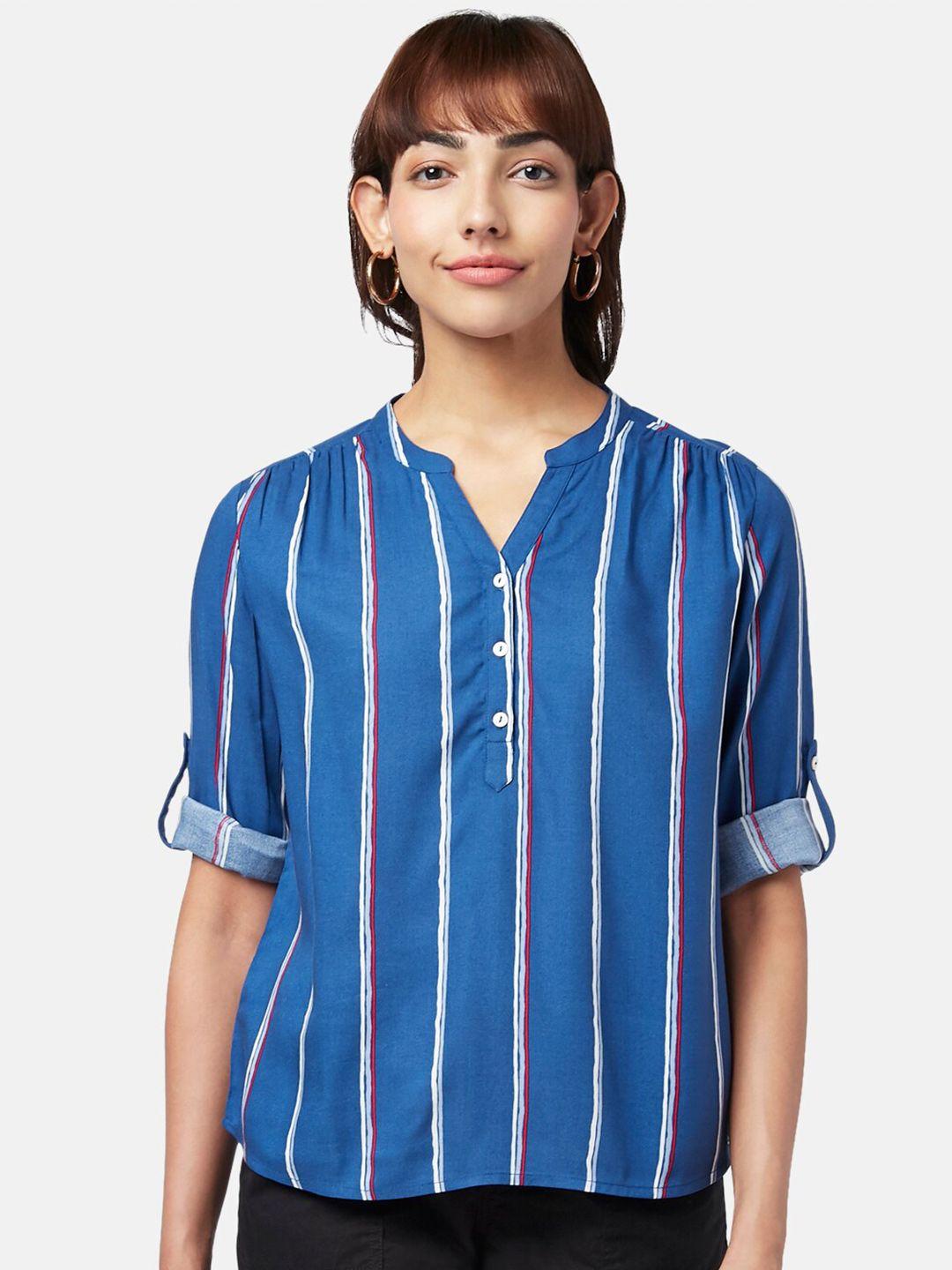 honey by pantaloons blue striped mandarin collar roll-up sleeves shirt style top