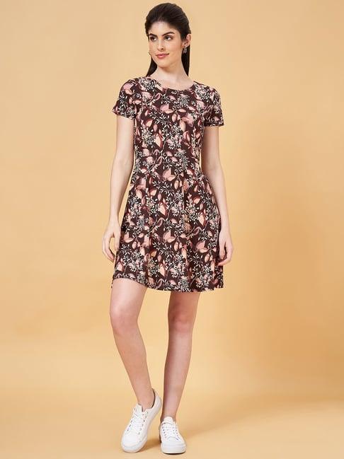 honey by pantaloons brown cotton floral print a-line dress