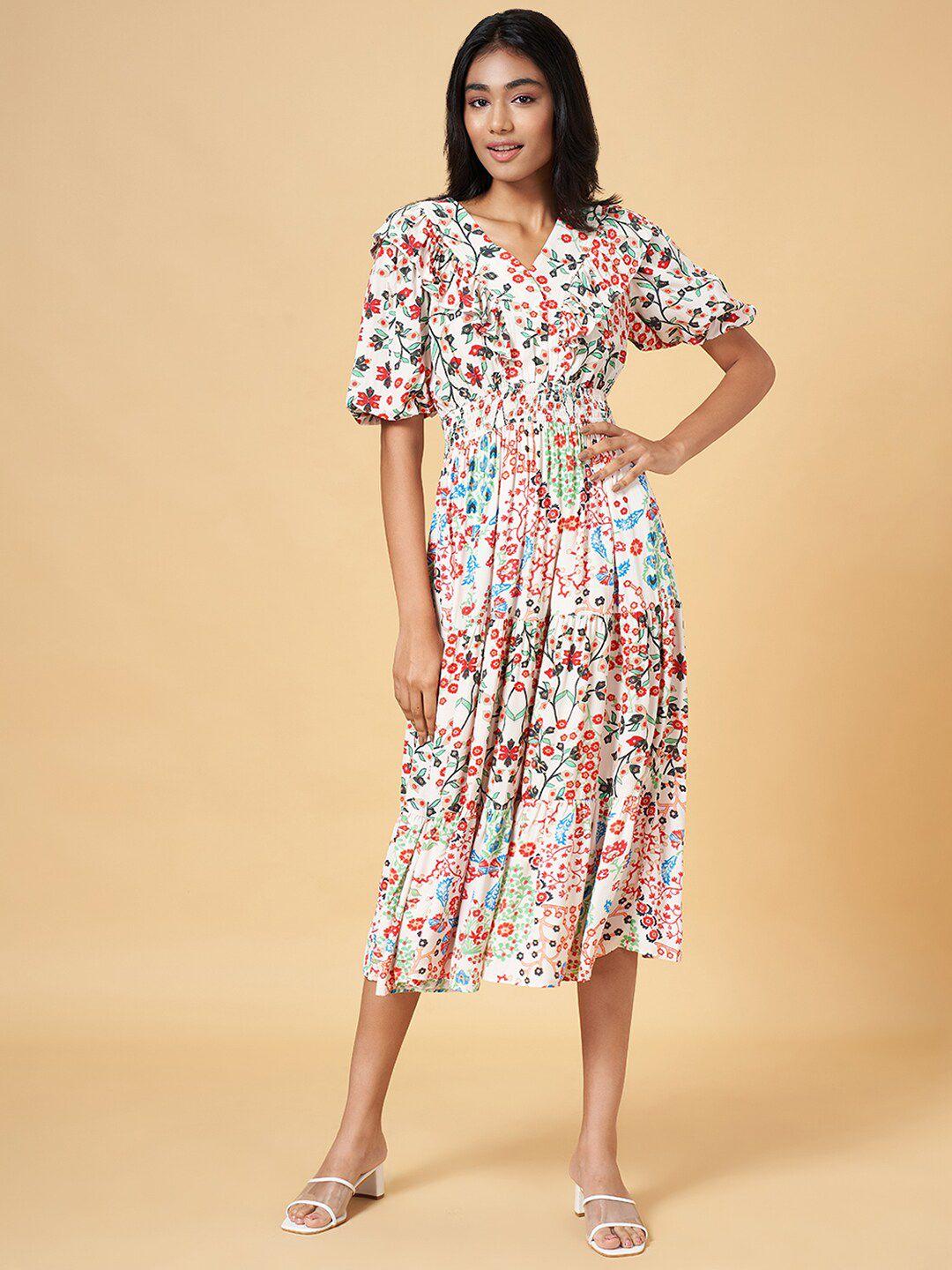 honey by pantaloons floral printed puff sleeve smocked a-line midi dress