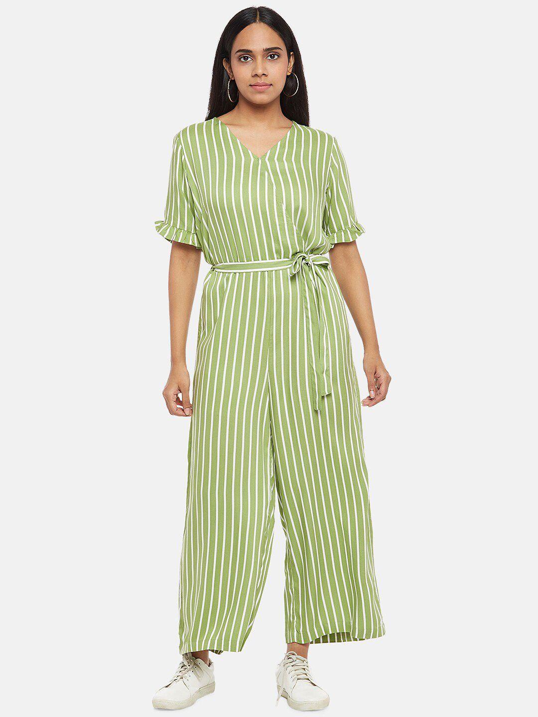 honey by pantaloons green & white striped basic jumpsuit