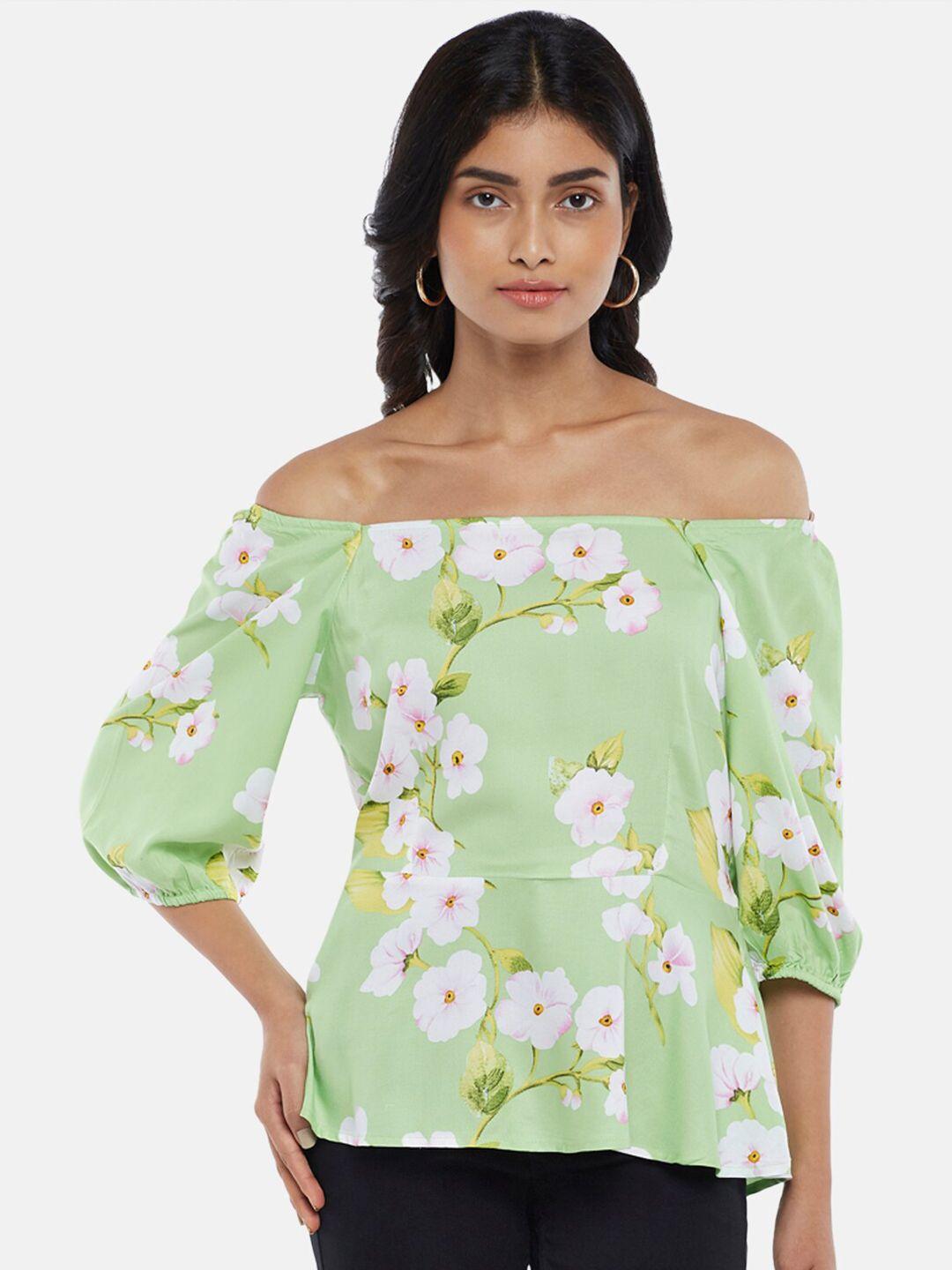 honey by pantaloons green floral print off-shoulder bardot top