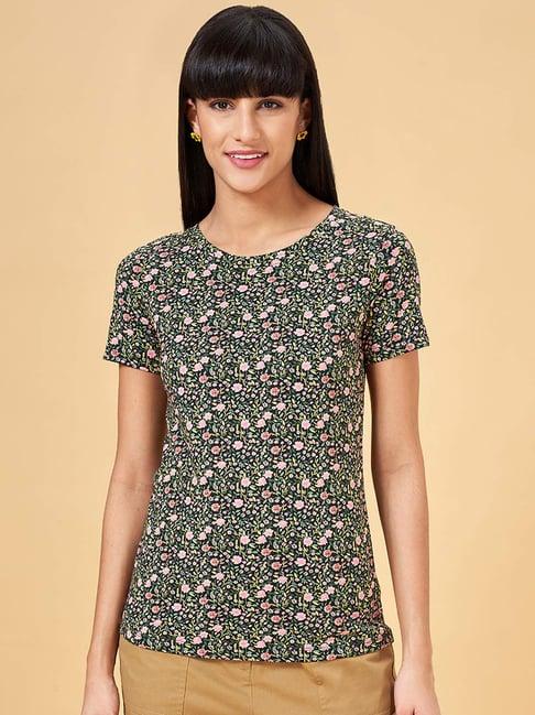 honey by pantaloons jet black cotton floral print t-shirt