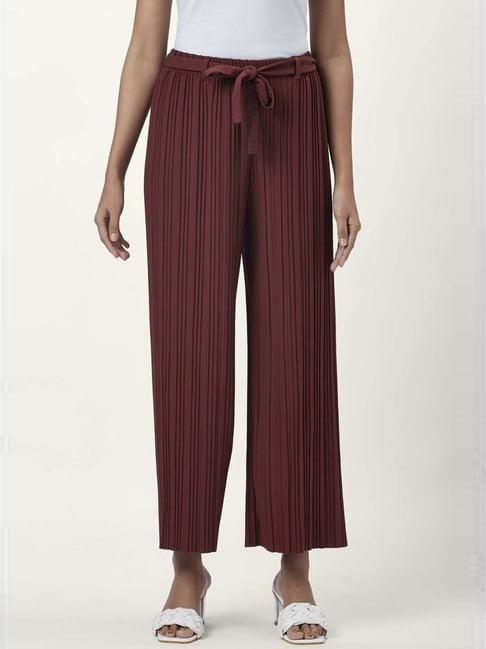 honey by pantaloons maroon pleated wide leg trousers