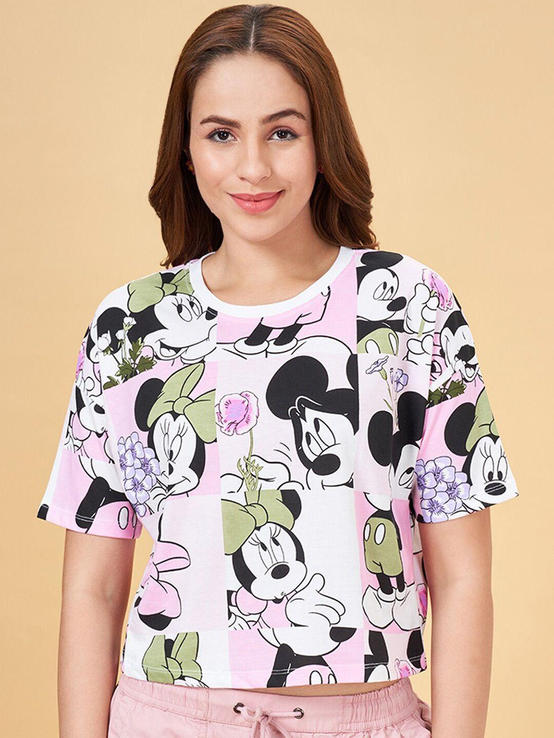 honey by pantaloons mickey & minnie printed round neck cotton crop top