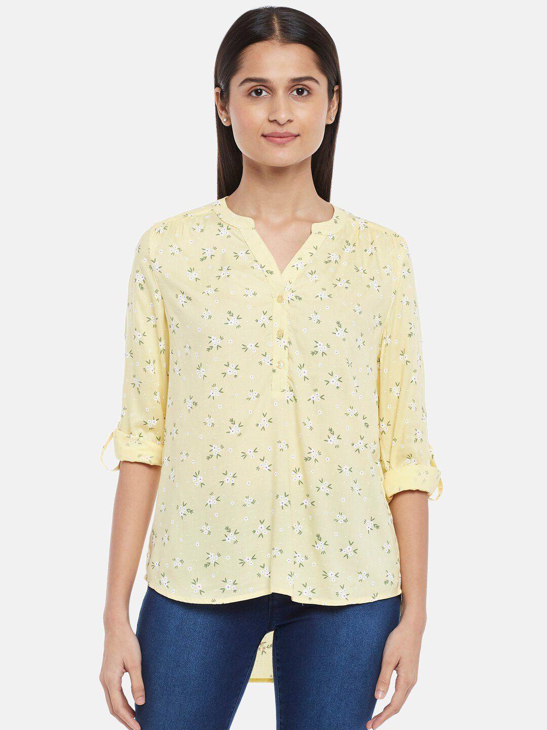 honey by pantaloons mustard yellow floral print mandarin collar roll-up sleeves shirt style top