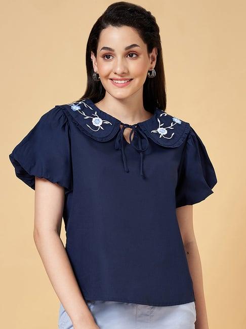 honey by pantaloons navy cotton embroidered top