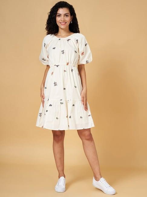 honey by pantaloons off-white cotton embroidered a-line dress