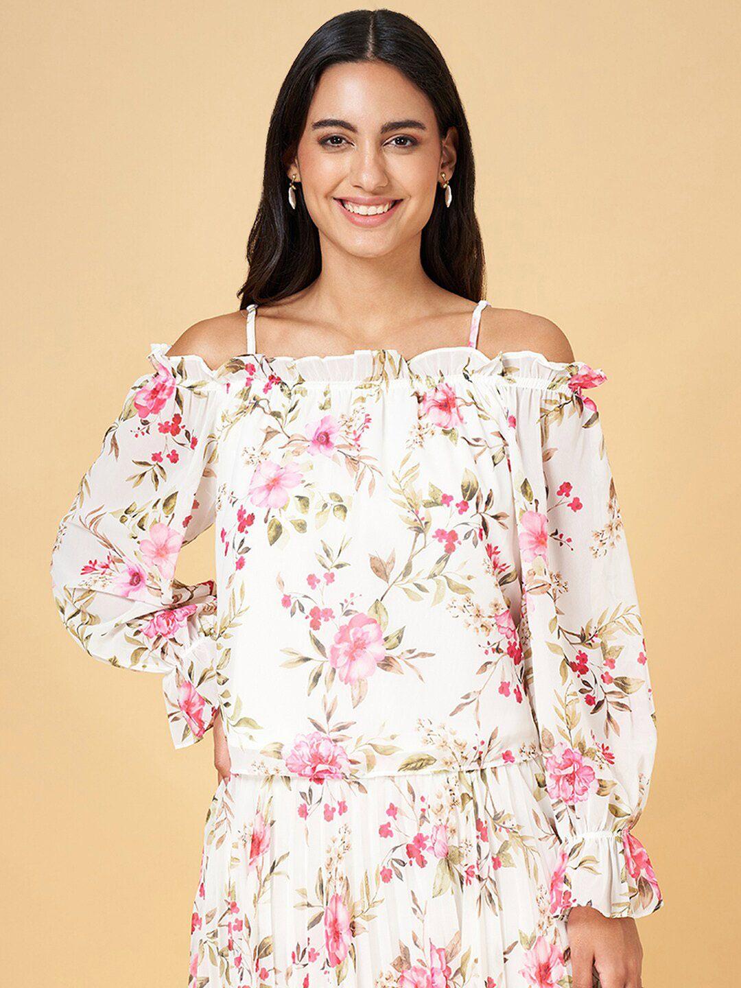 honey by pantaloons off white floral print off-shoulder bell sleeve longline top
