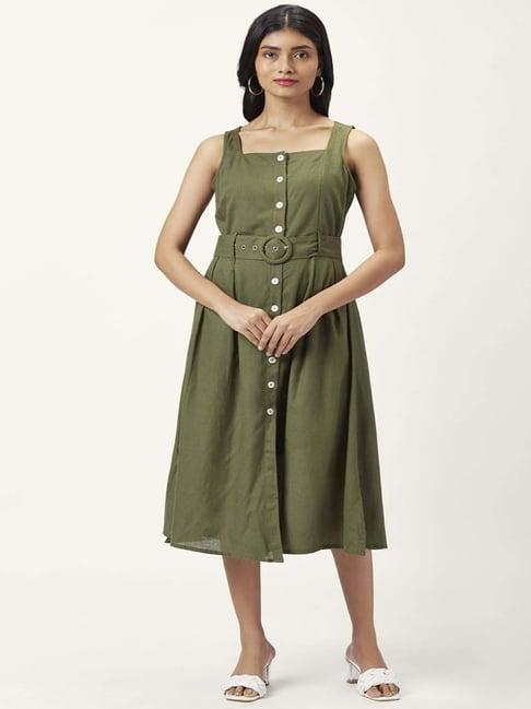 honey by pantaloons olive green cotton a-line dress