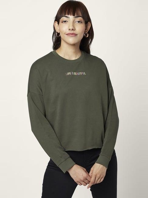 honey by pantaloons olive green cotton embroidered sweatshirt