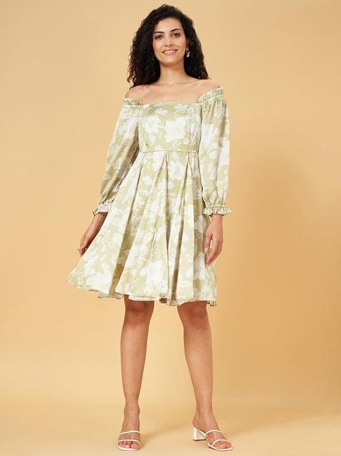 honey by pantaloons olive green floral print a-line dress