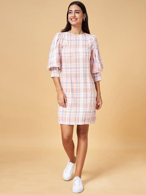 honey by pantaloons peach cotton chequered shift dress