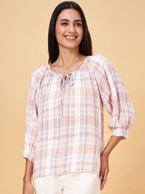 honey by pantaloons peach cotton chequered top