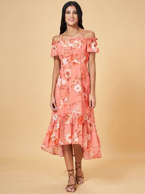 honey by pantaloons peach floral print assymetric dress