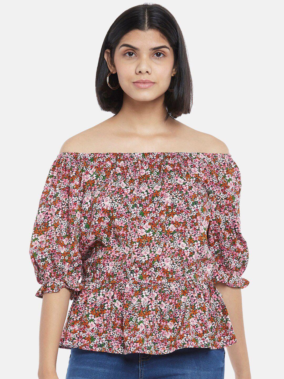 honey by pantaloons pink & rust brown floral print off-shoulder bardot top