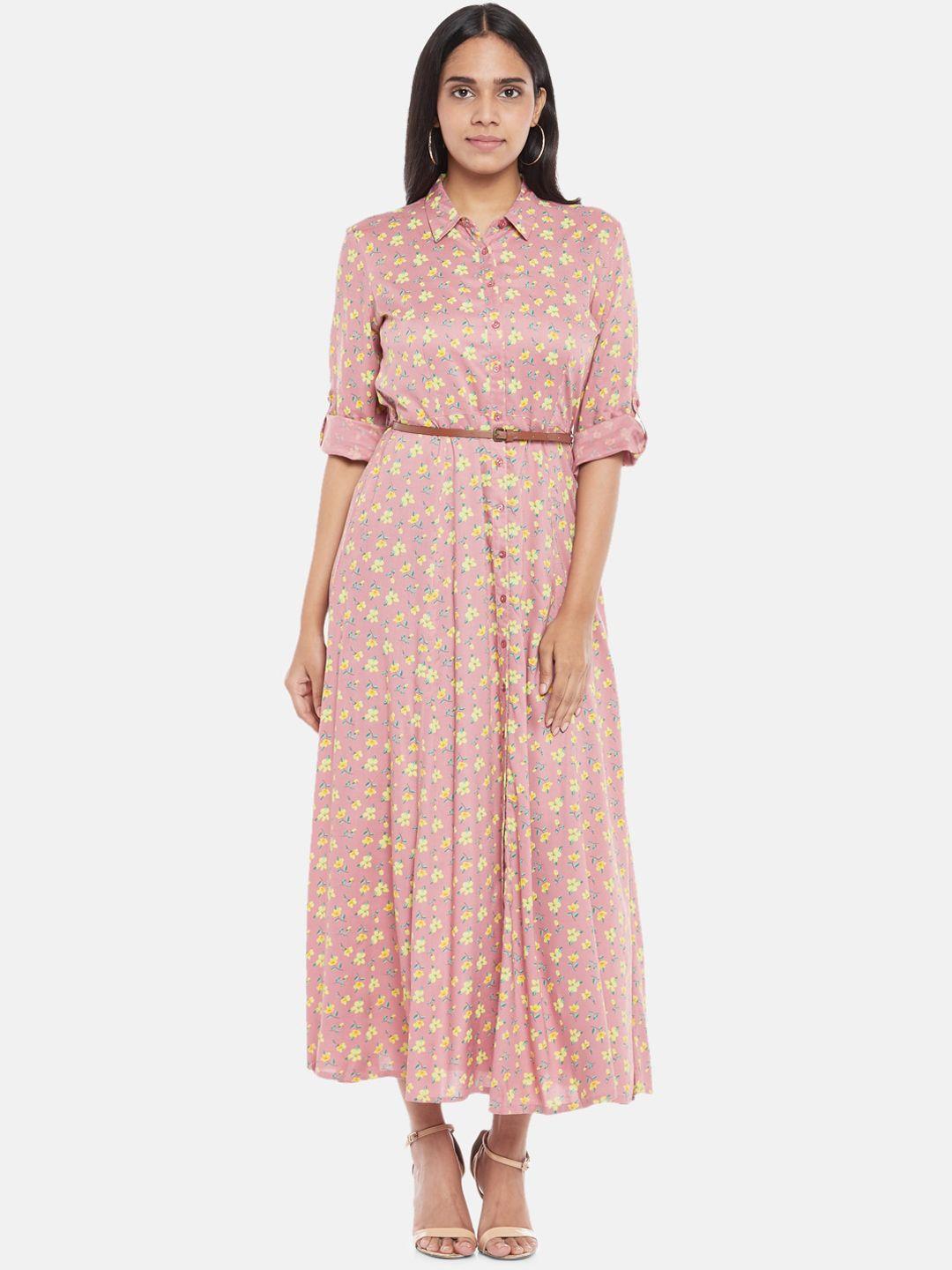honey by pantaloons pink & yellow floral shirt midi dress