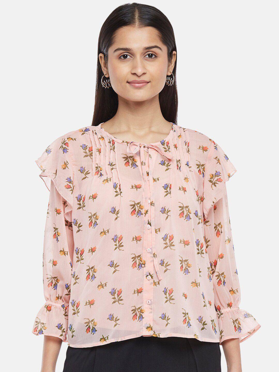 honey by pantaloons pink floral print tie-up neck top