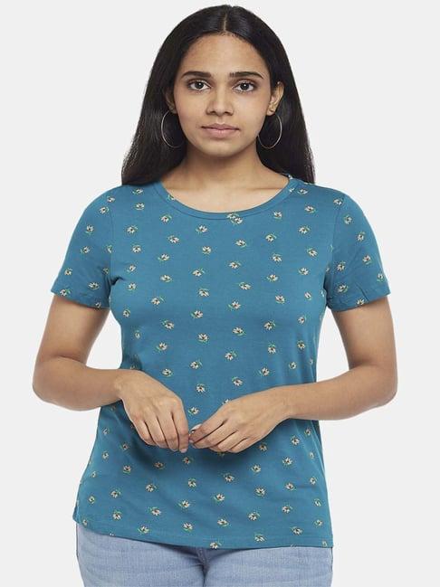 honey by pantaloons teal blue cotton floral print t-shirt