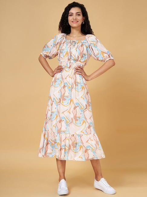 honey by pantaloons white & peach printed a-line dress