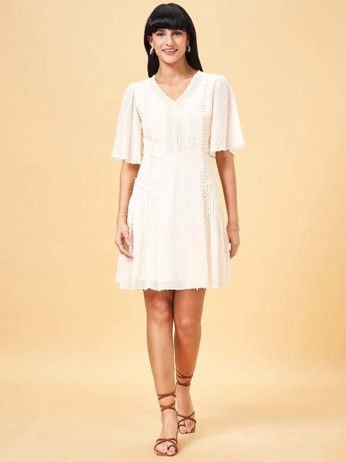 honey by pantaloons white self pattern a-line dress