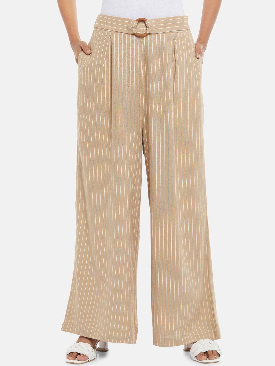 honey by pantaloons women beige striped high-rise pleated trousers