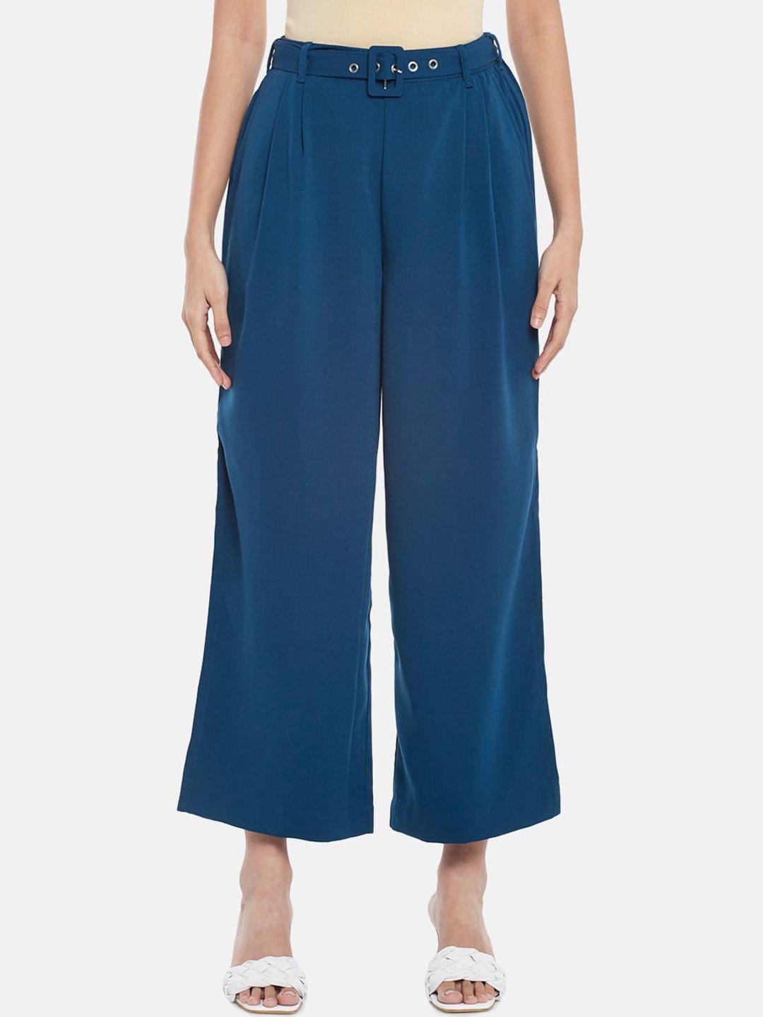 honey by pantaloons women blue high-rise pleated culottes trousers