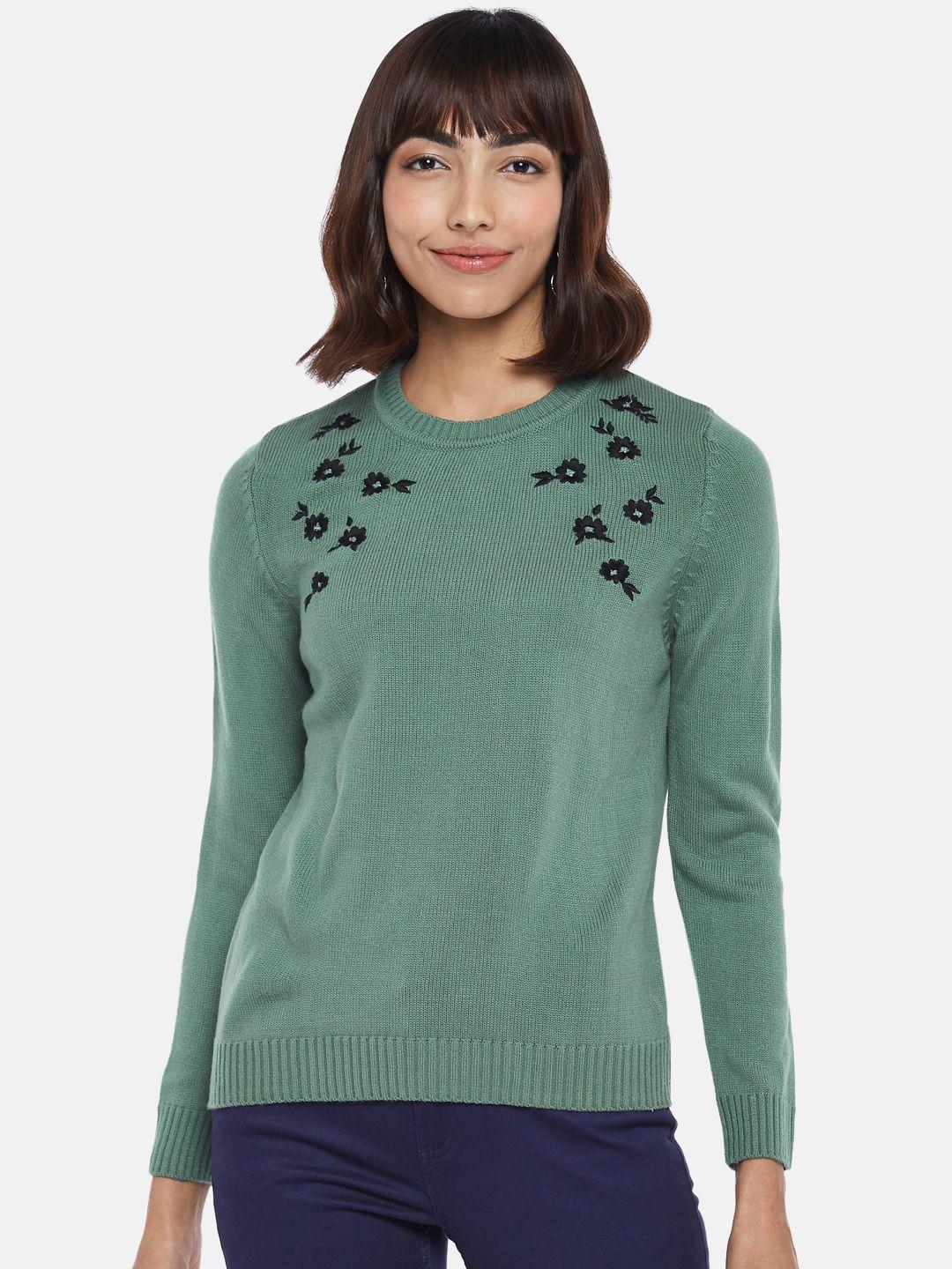honey by pantaloons women green & black floral pure acrylic pullover