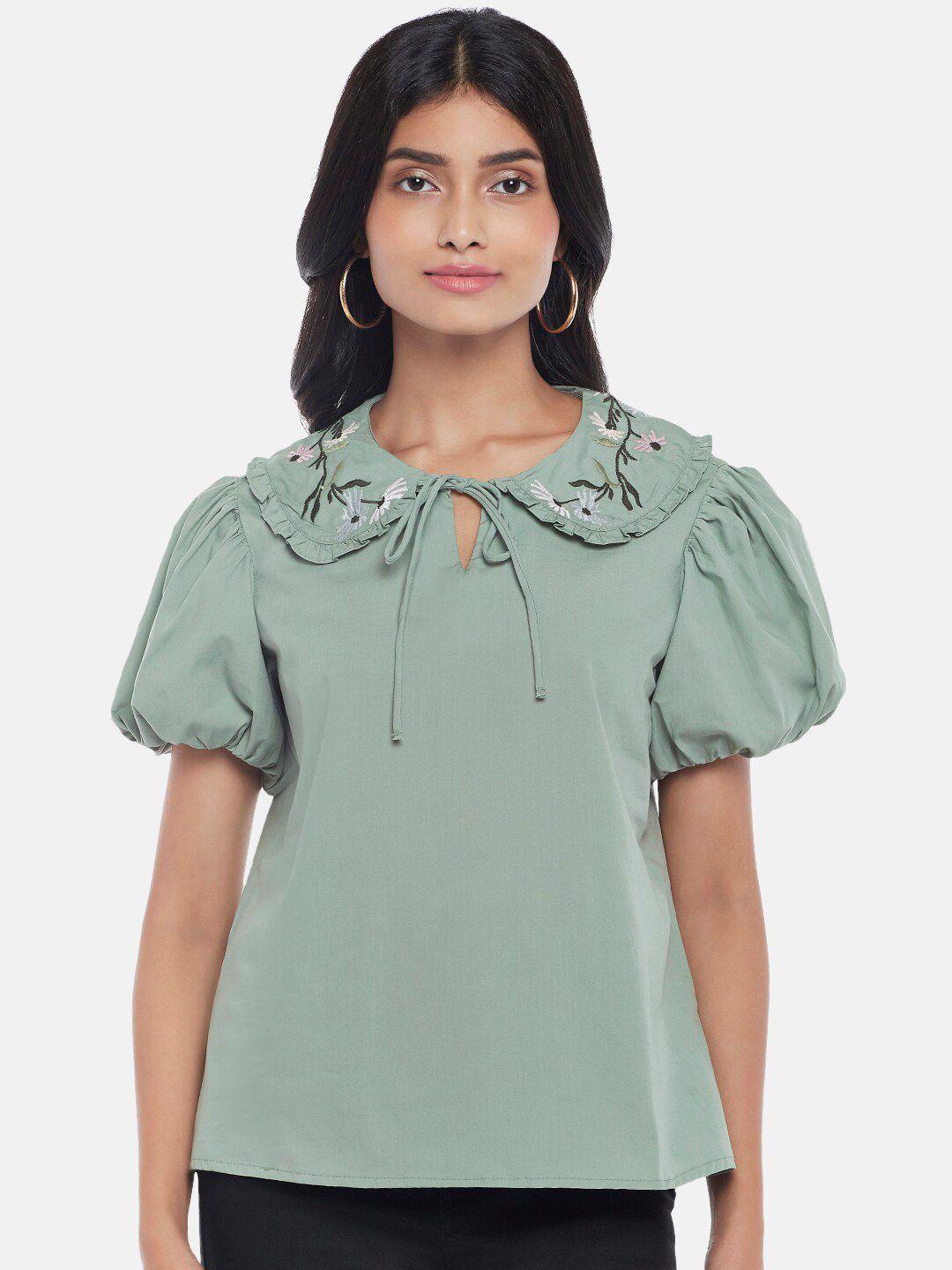 honey by pantaloons women green solid tie-up neck top