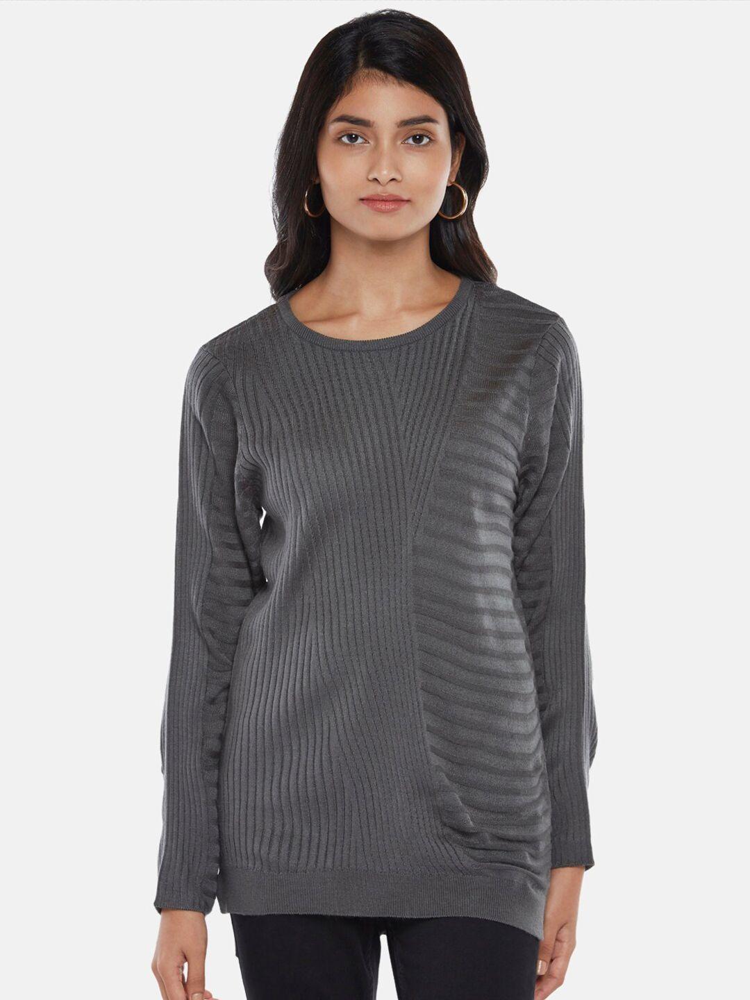 honey by pantaloons women grey cable knit striped pullover sweater
