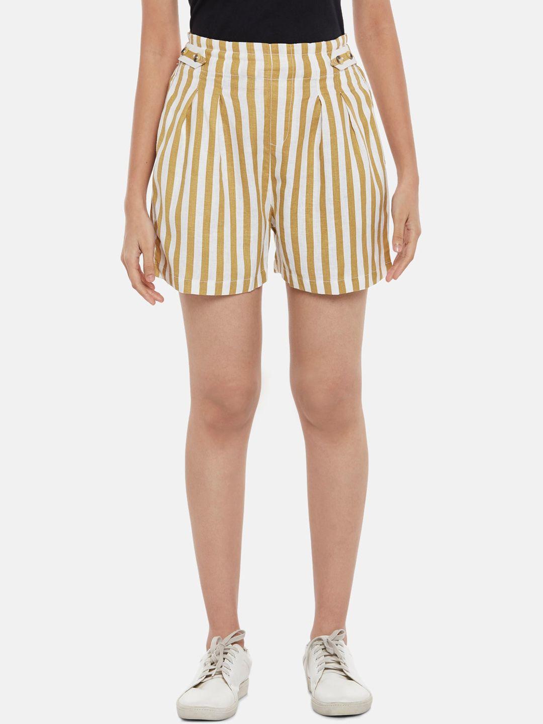 honey by pantaloons women khaki & white striped high-rise linen shorts