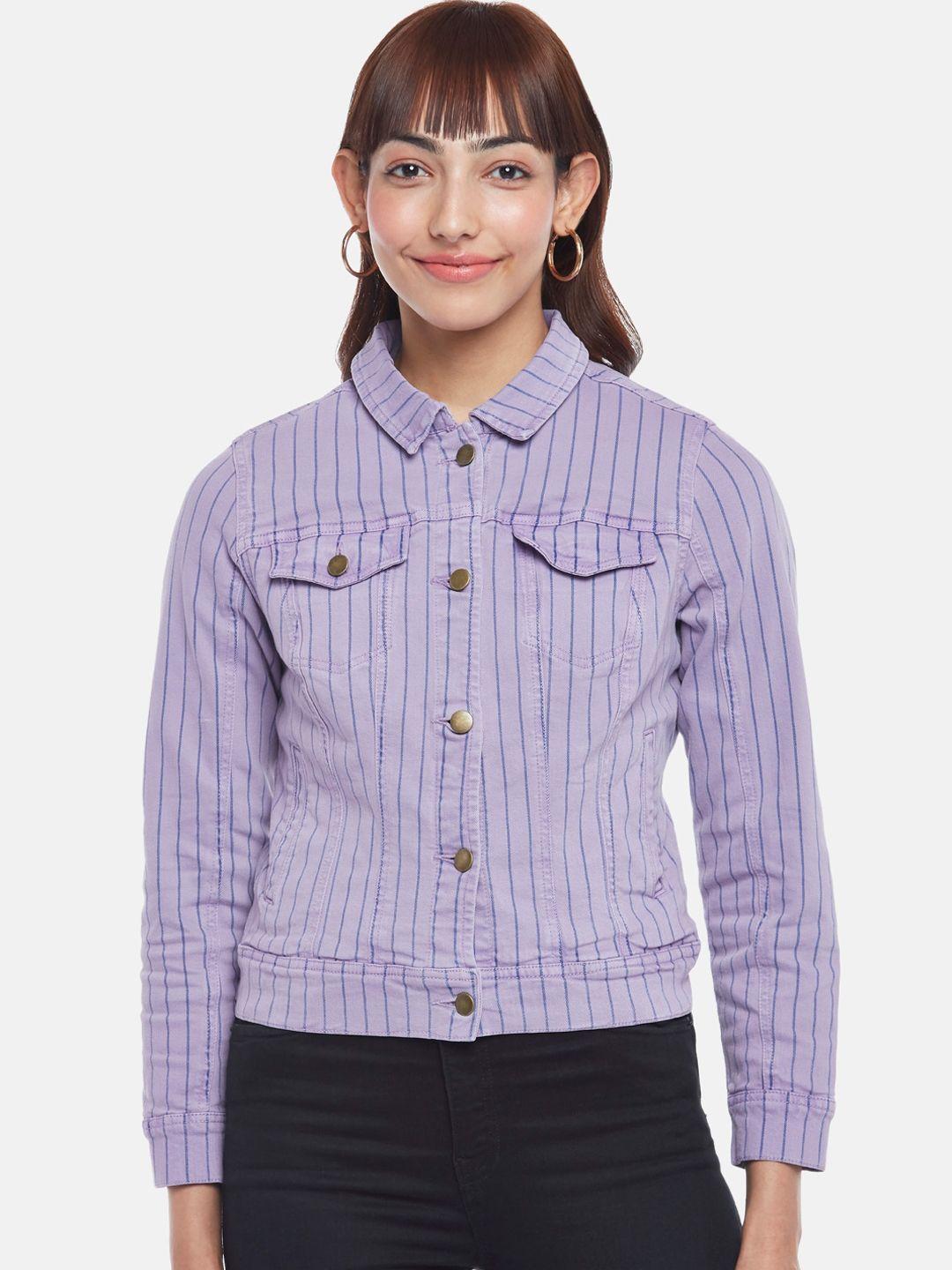 honey by pantaloons women lavender striped crop denim jacket