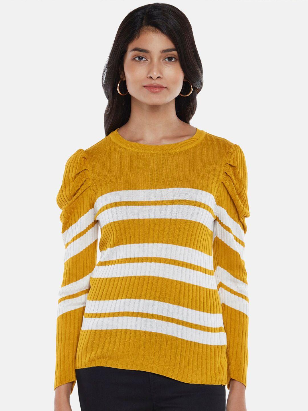 honey by pantaloons women mustard & white cable knit striped pullover
