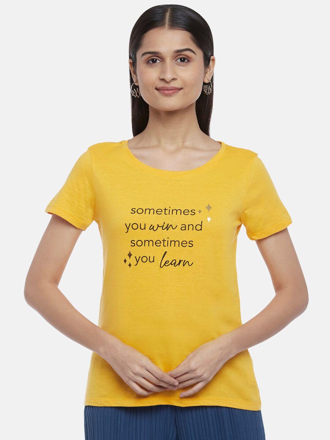 honey by pantaloons women mustard yellow & black printed pure cotton round neck t-shirt