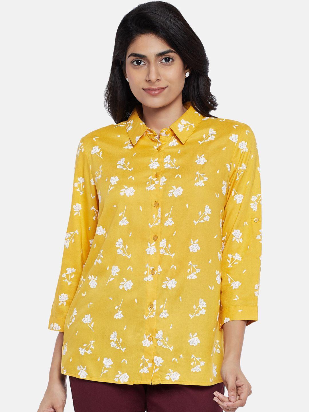 honey by pantaloons women mustard yellow & white regular fit floral printed casual shirt