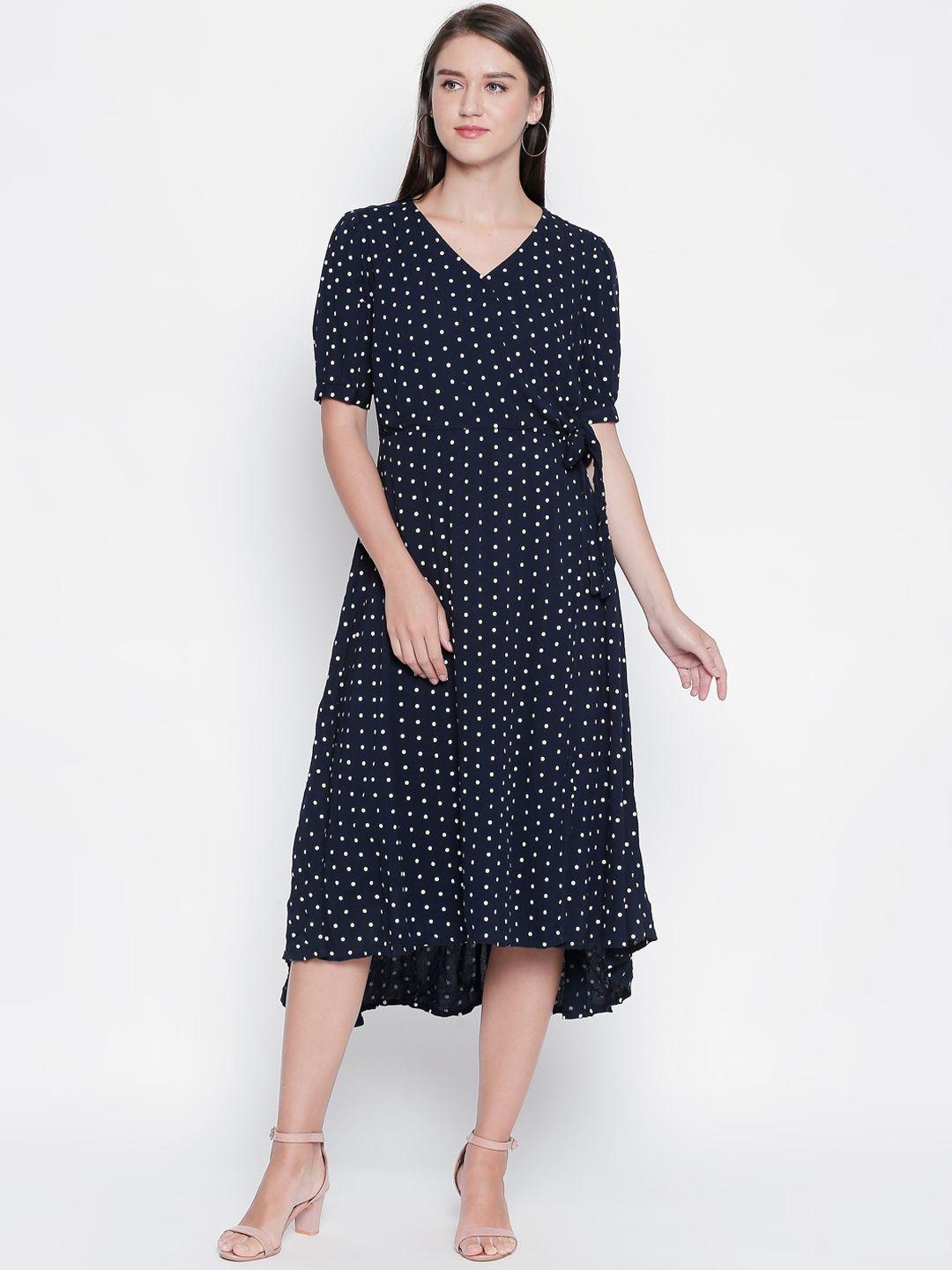 honey by pantaloons women navy blue & white polka dot printed fit and flare dress