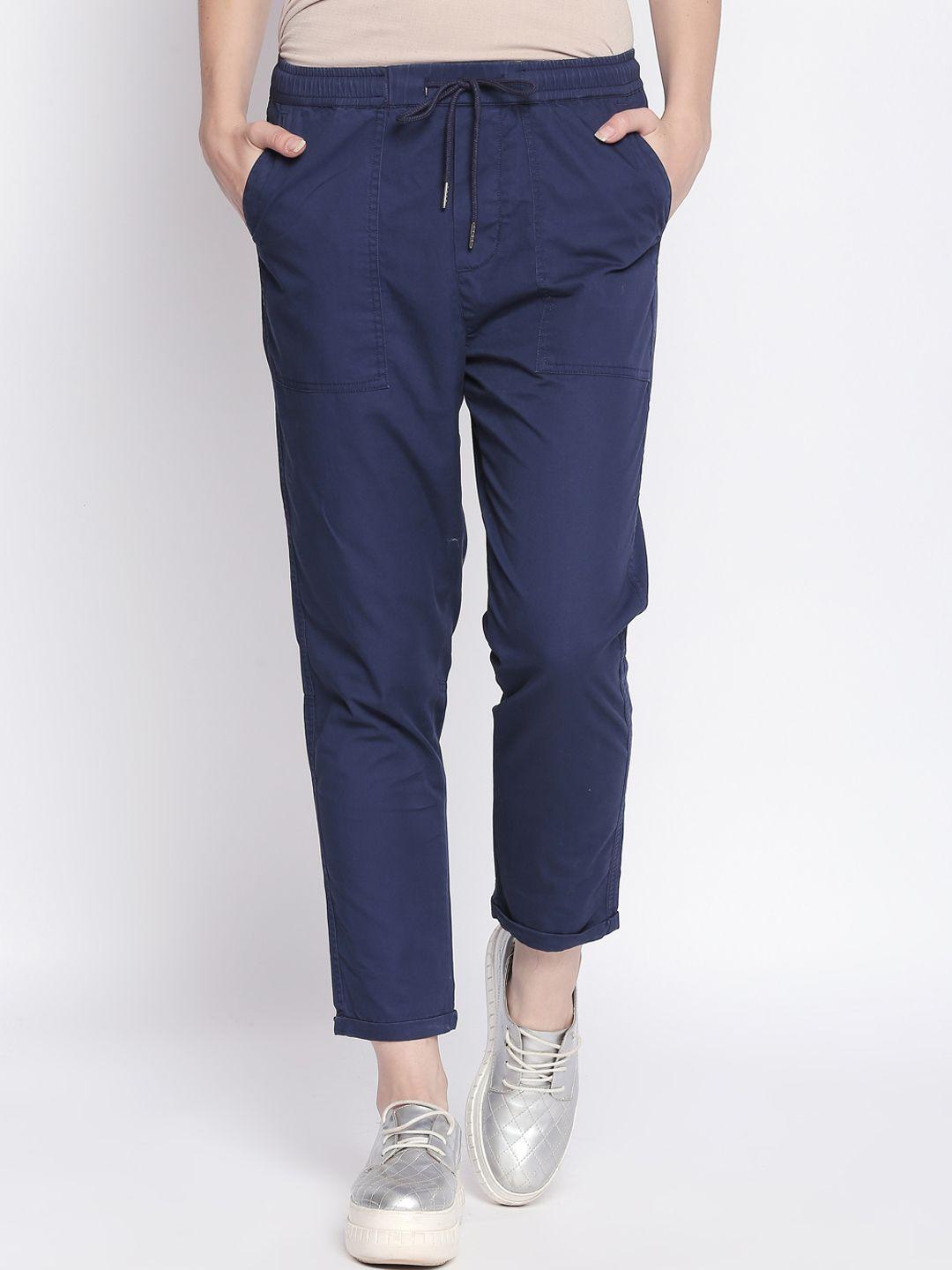 honey by pantaloons women navy blue regular fit solid peg trousers