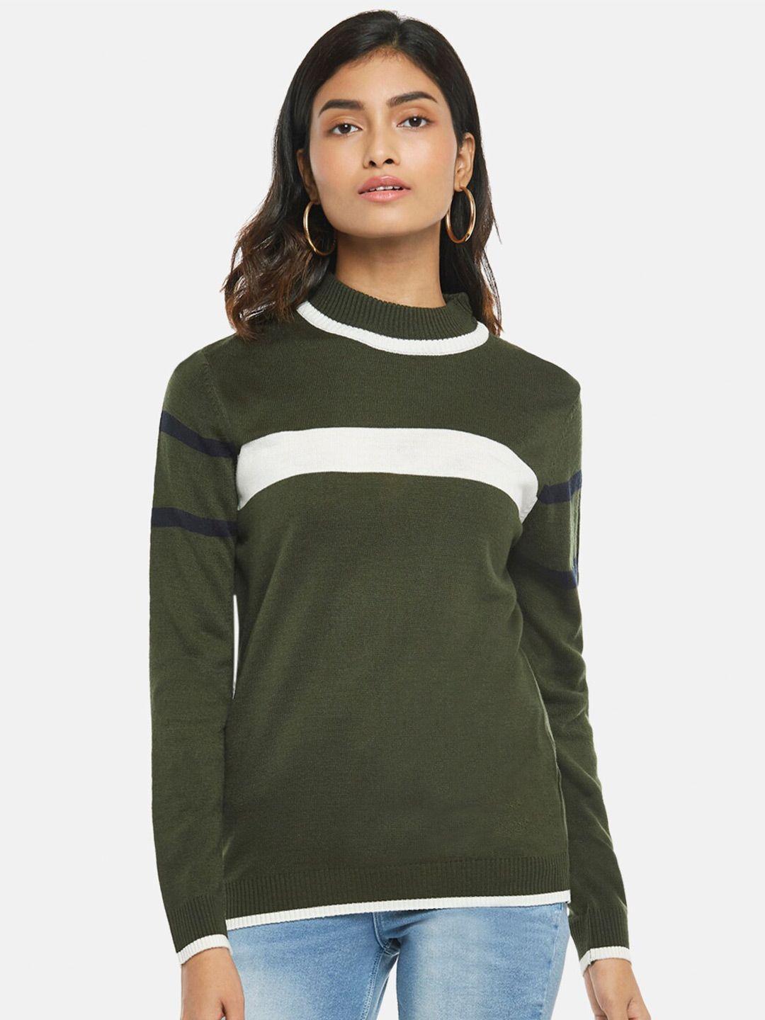 honey by pantaloons women olive green & white striped pullover