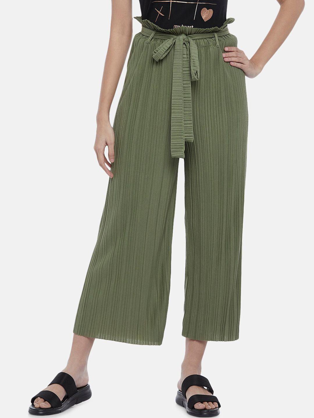honey by pantaloons women olive green striped regular-fit trousers