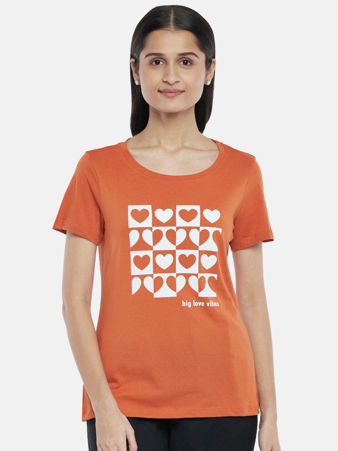 honey by pantaloons women orange printed pure cotton applique t-shirt