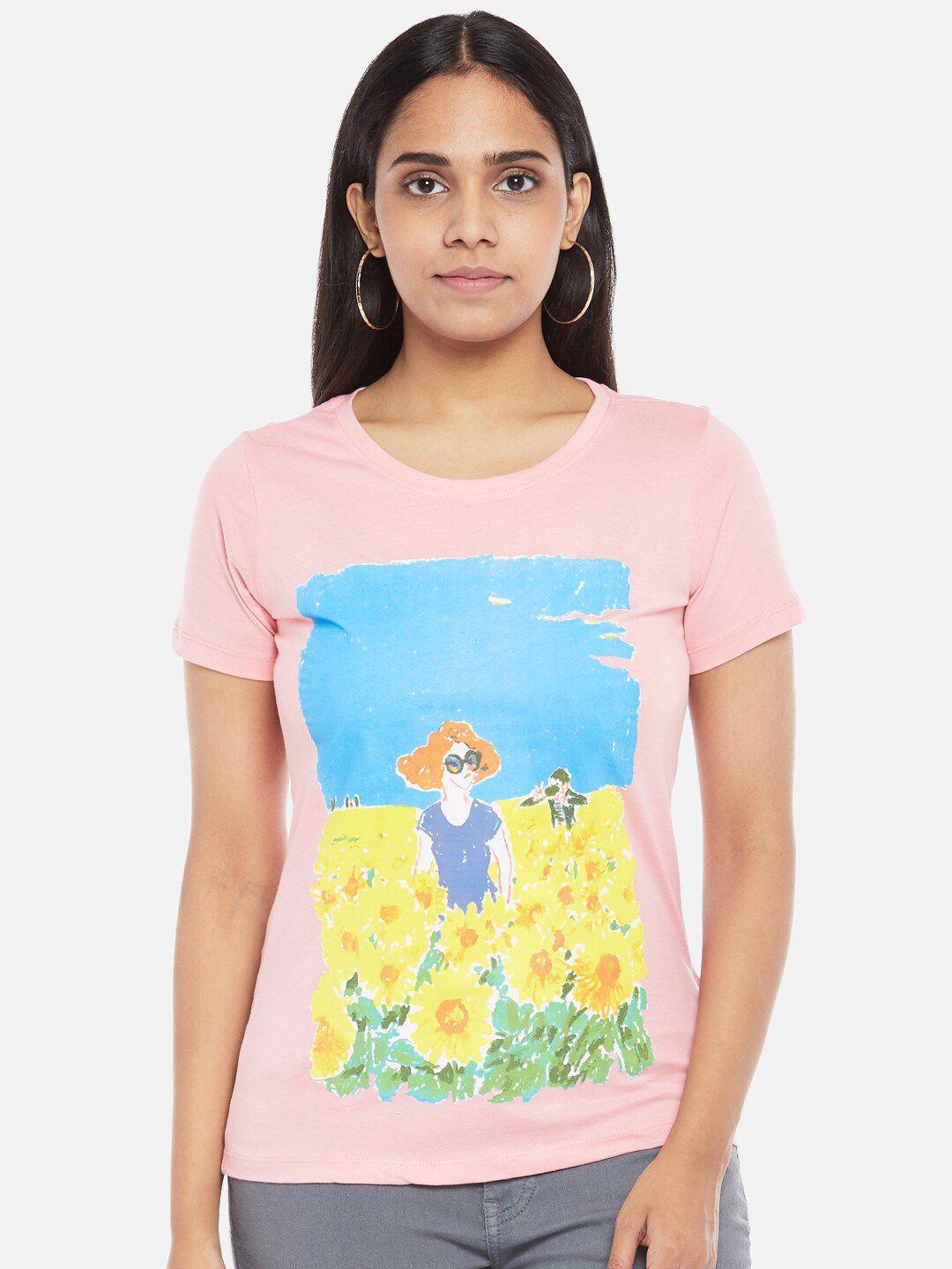 honey by pantaloons women peach & yellow printed t-shirt