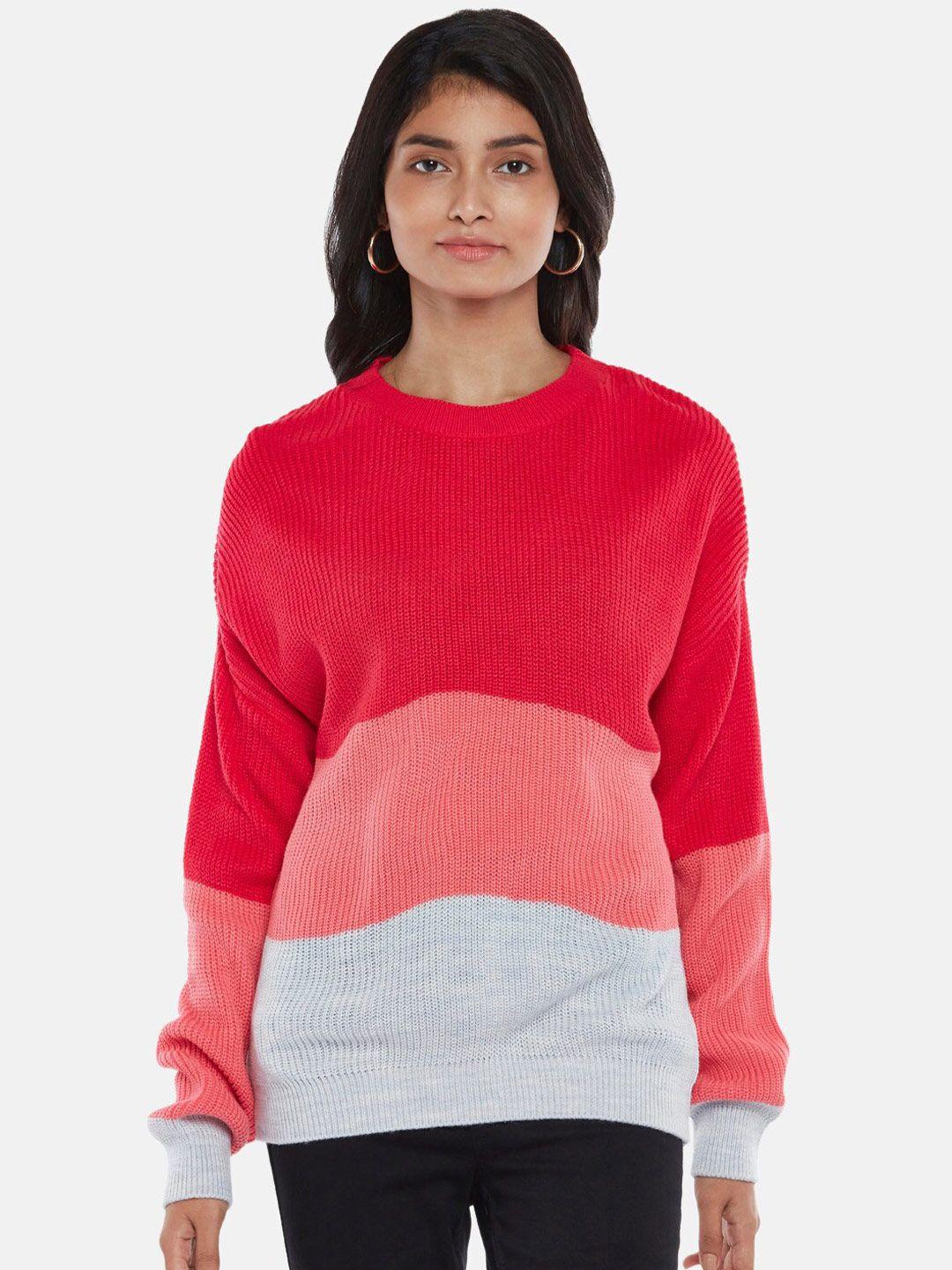 honey by pantaloons women pink & white colourblocked pullover sweater