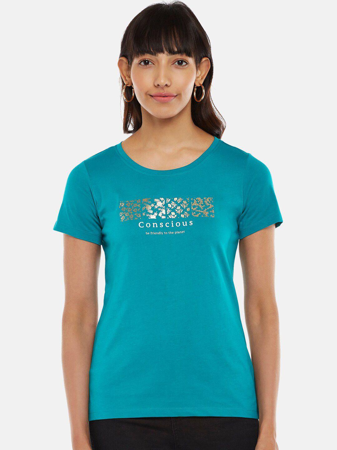 honey by pantaloons women teal typography printed t-shirt