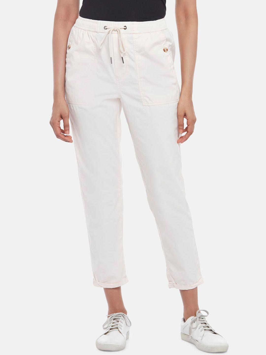 honey by pantaloons women white solid cotton trousers