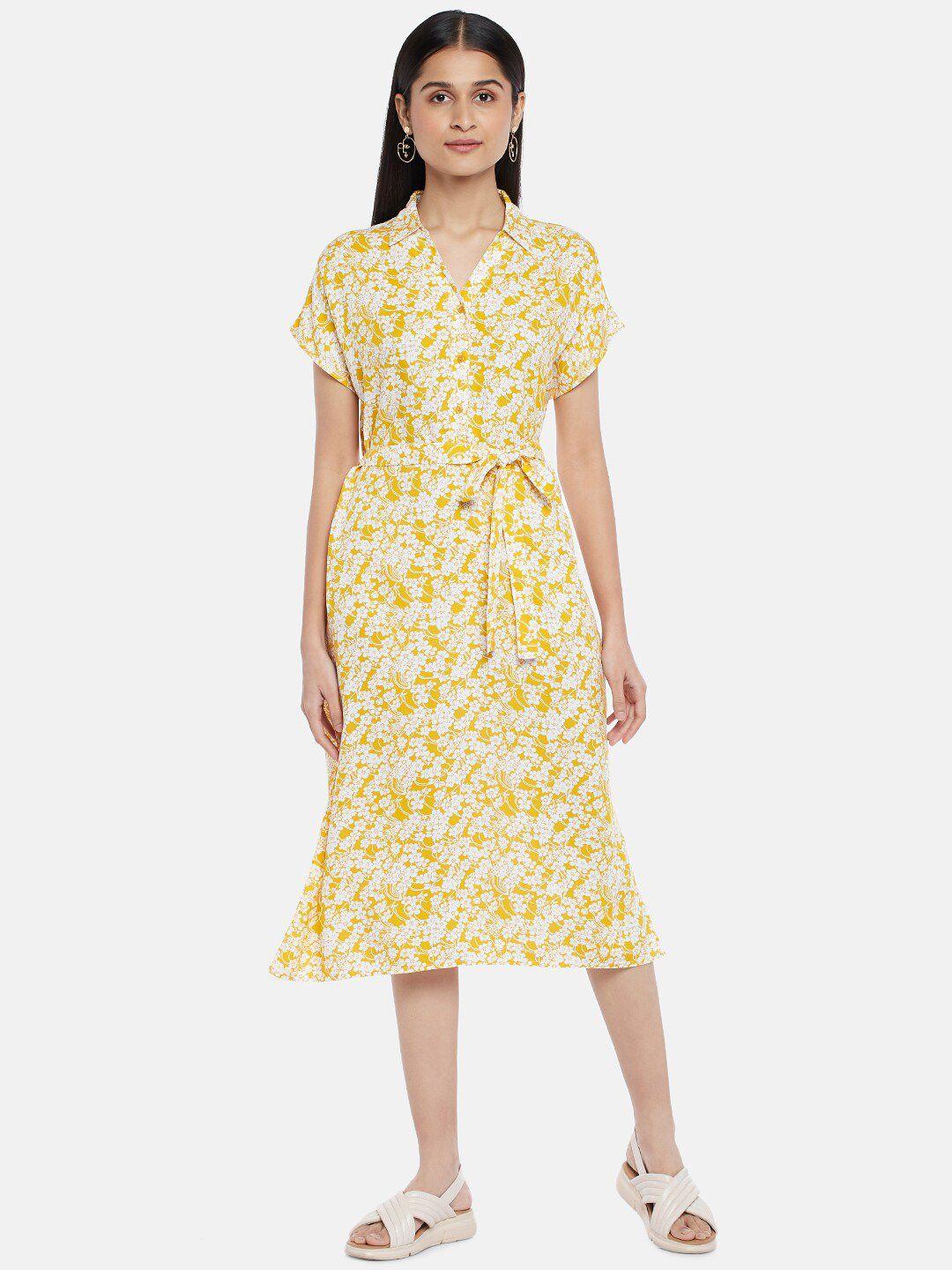 honey by pantaloons yellow & white floral shirt midi dress