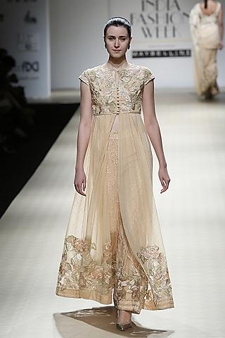 honey color beads embroidered roughed gown and trouser pants set