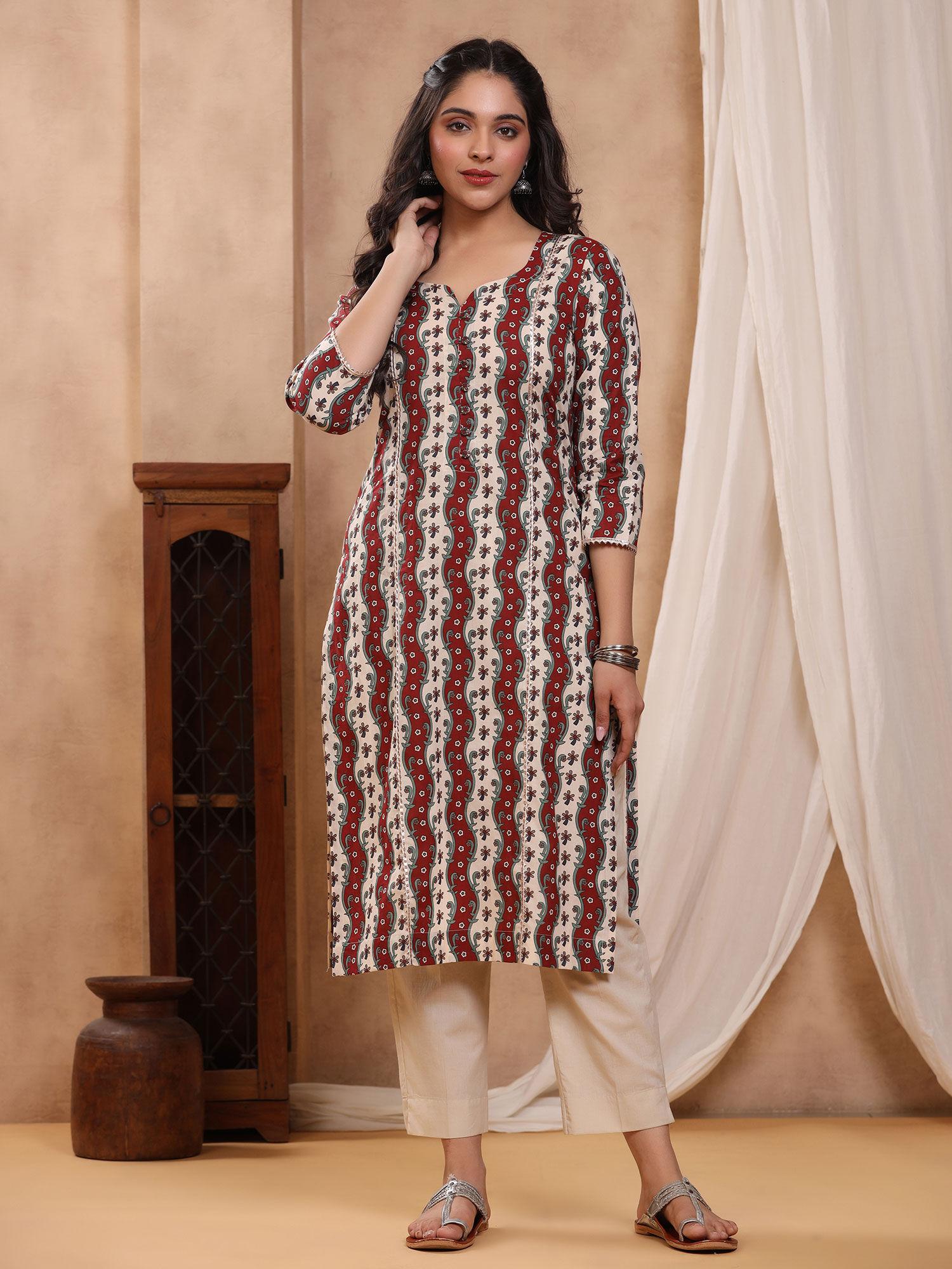 honey maroon block print kurti with gota lace