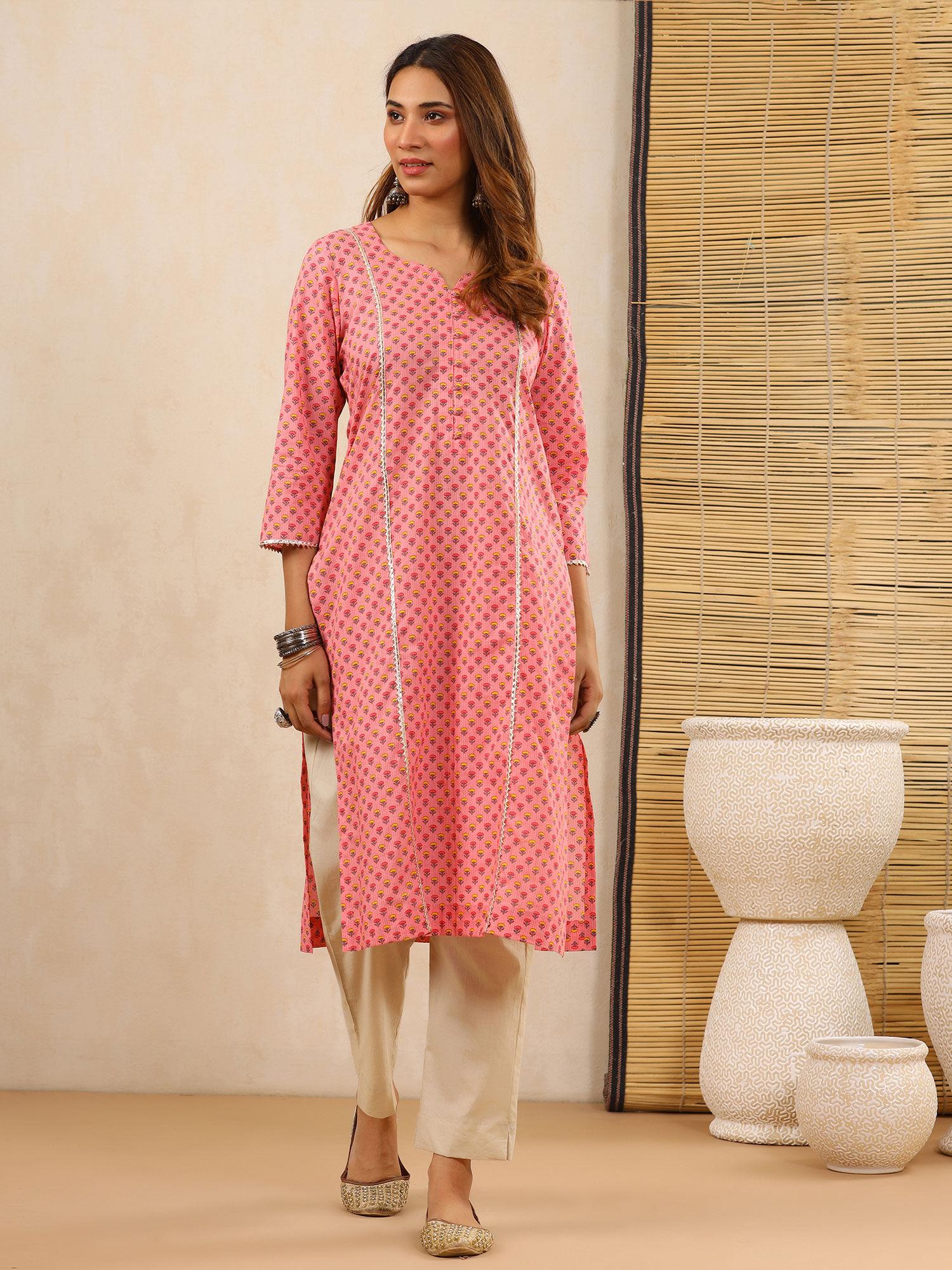 honey pink block print kurti with gota lace