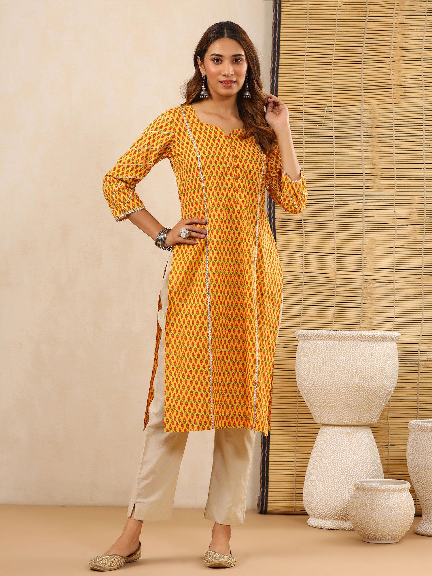 honey yellow block print kurti with gota lace